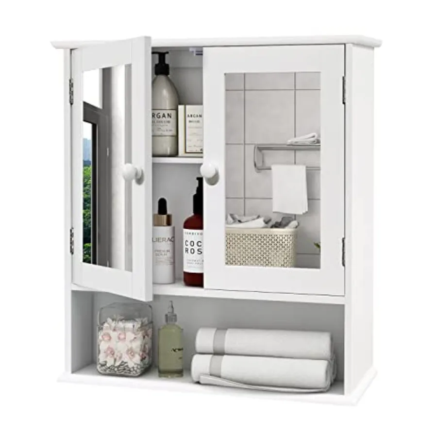 

Medicine Cabinet, Medicine Cabinets for Bathroom with Mirror 2 Doors 3 Open Shelf, Bathroom Cabinet Wall Mounted Wooden Storage