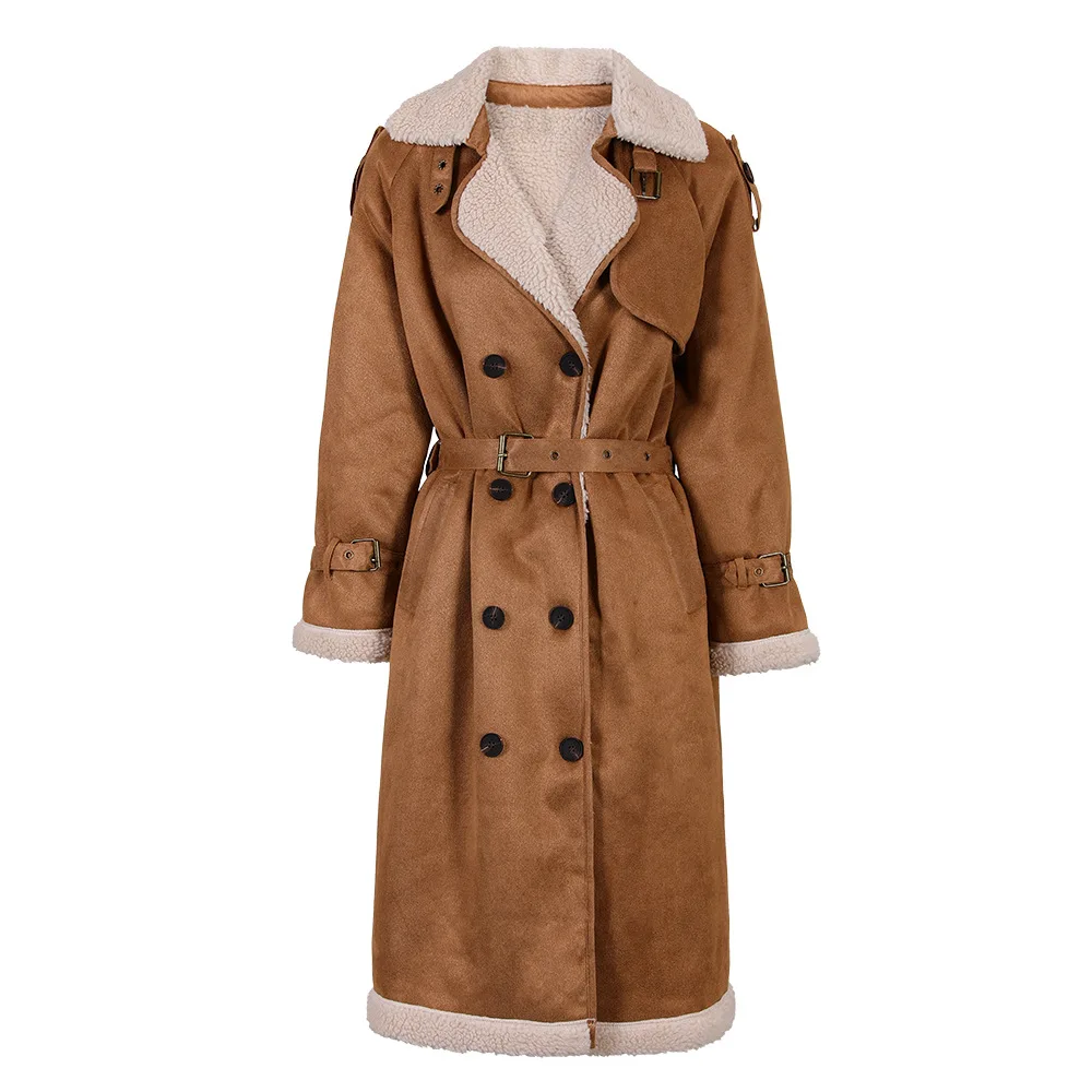 

2024 New Warm Women Winter Jacket Mid Long Lapel Double Breasted Parkas Lamb Wool Fashion Vintage Pocket Overcoat Long Sleeved