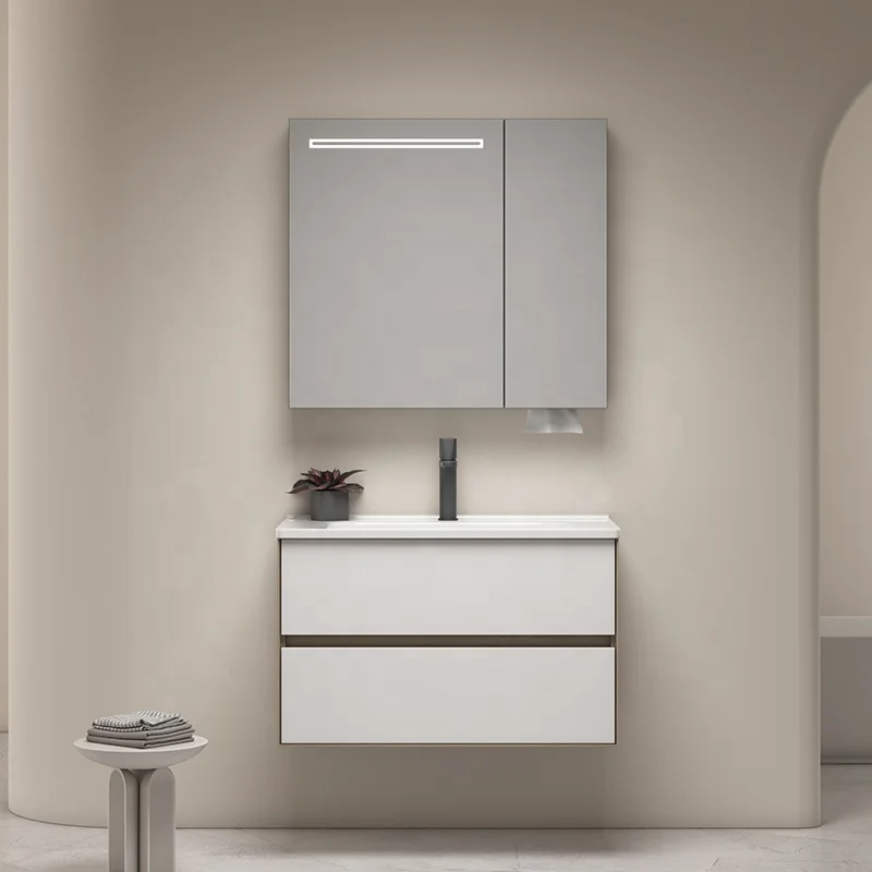 

2025 new white simple PVC bathroom vanity ceramic basin modern waterproof makeup mirror set