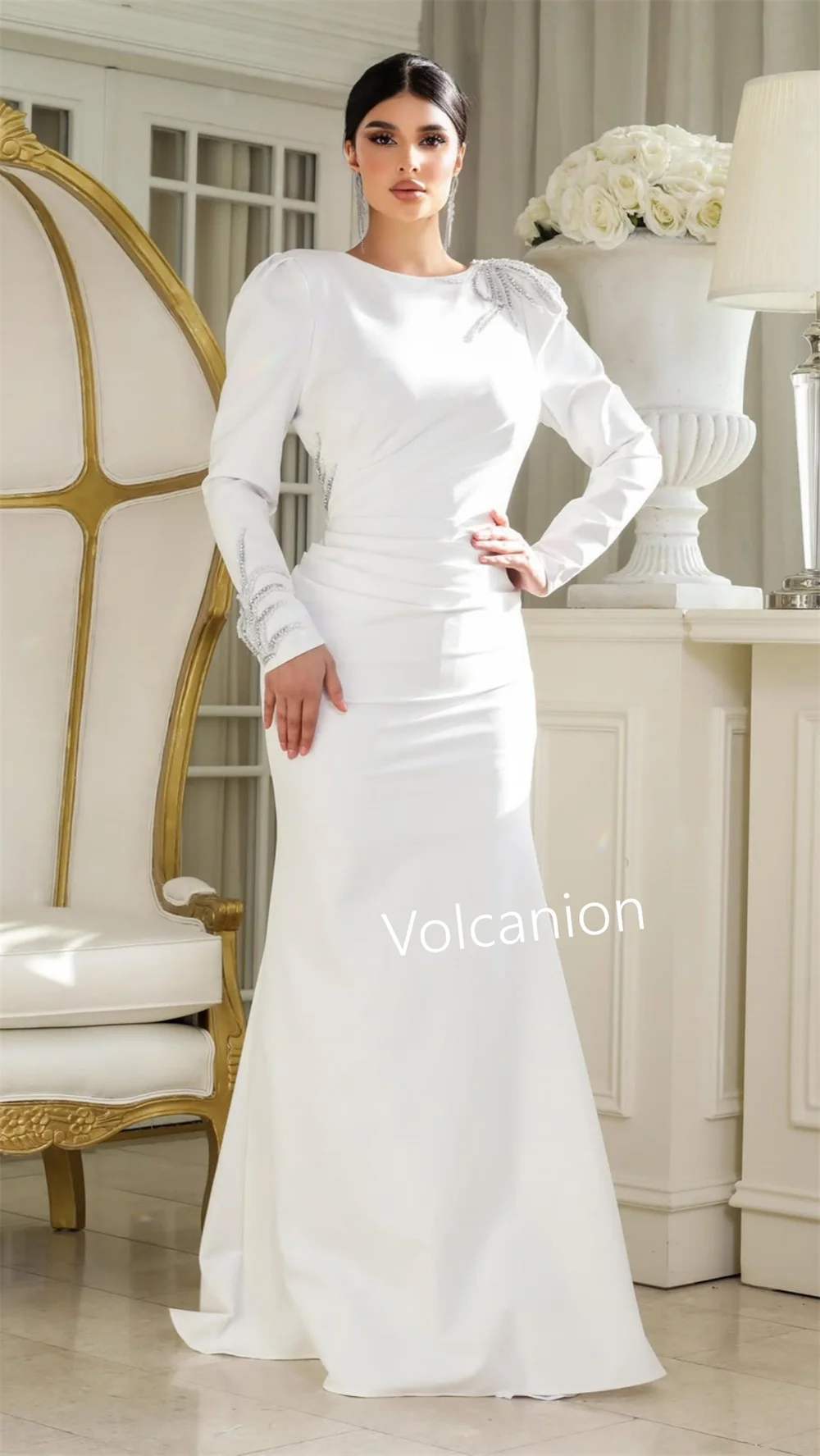 Customized Jersey Sequined Pleat Trumpet O-Neck Long Dresses Bespoke Occasion Evening Exquisite Formal High Quality