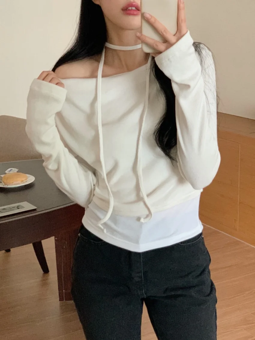 

Alien Kitty Chic Slim-Fit T-Shirts Women New Halter Full Sleeve 2025 High Street Sexy Winter Off Shoulders Camping Casual