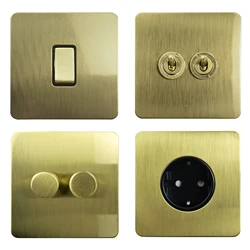 Wall Light Switch, 2 Way, Rocker Toggle Switch, LED Dimmer EU UK Wall Socket Electrical Outlet, Brushed Gold Brass, Screwless