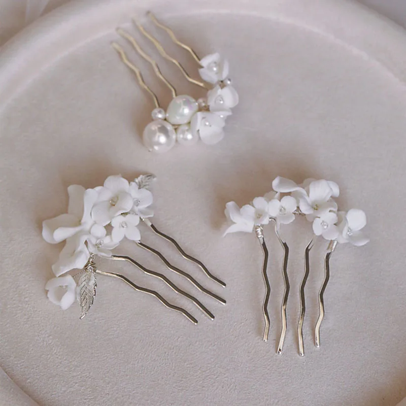 Delicate Ceramic Floral Bridal Small Combs Hair Pins Sivler Color Pearls Wedding Jewelry Women Headpiece