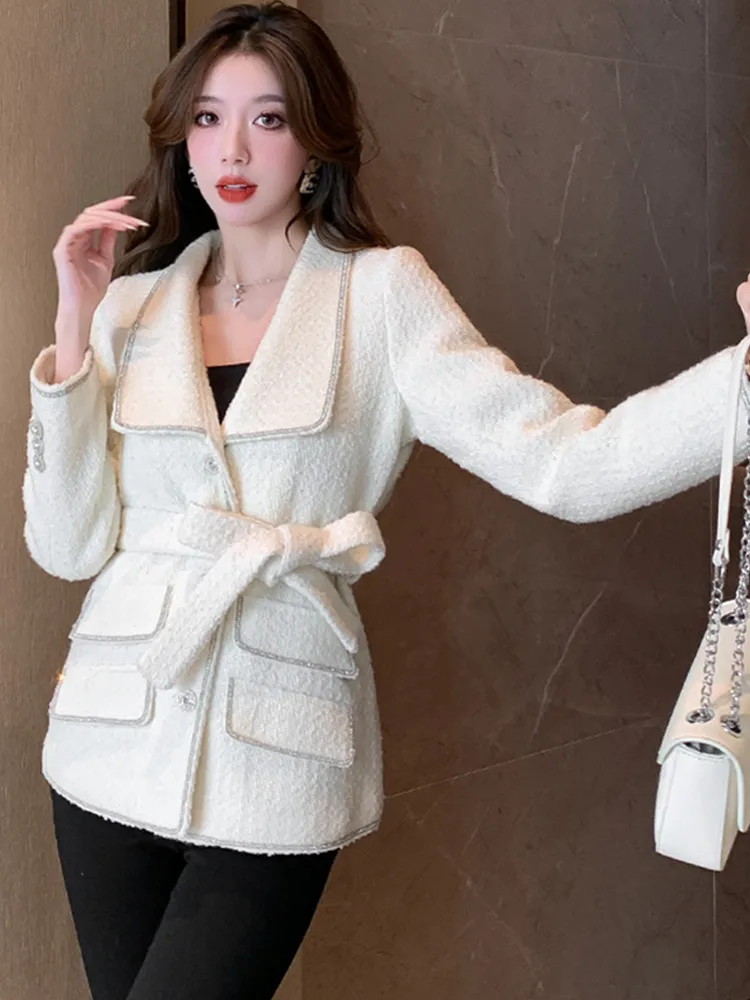 SMTHMA جودة عالية عطر صغير الماس مزاجه سترة صوفية معطف للنساء الدانتيل يصل الأبيض مع معطف القطن رقيقة #5