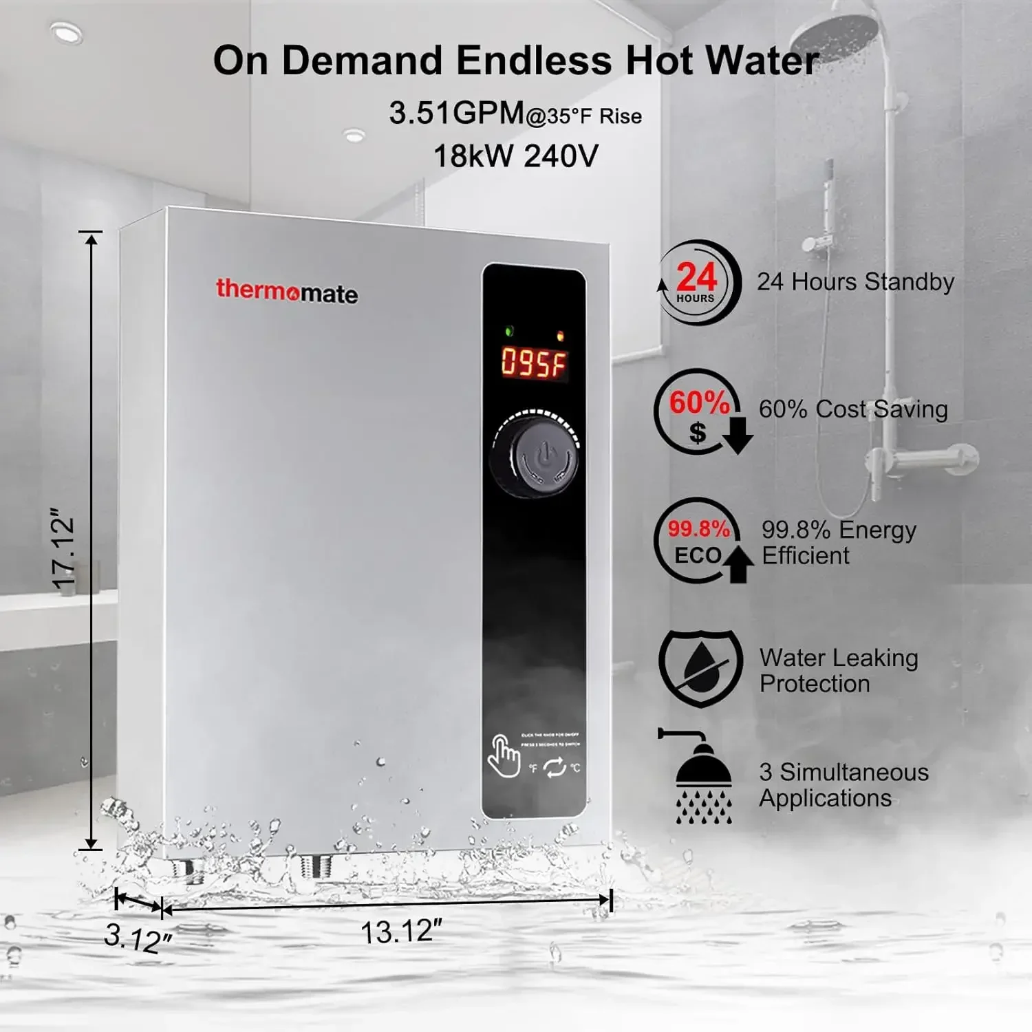 Tankless Water Heater Electric 18kW 208~240 Volt,   On Demand Instant Endless Hot Water Heater, Digital Temperature