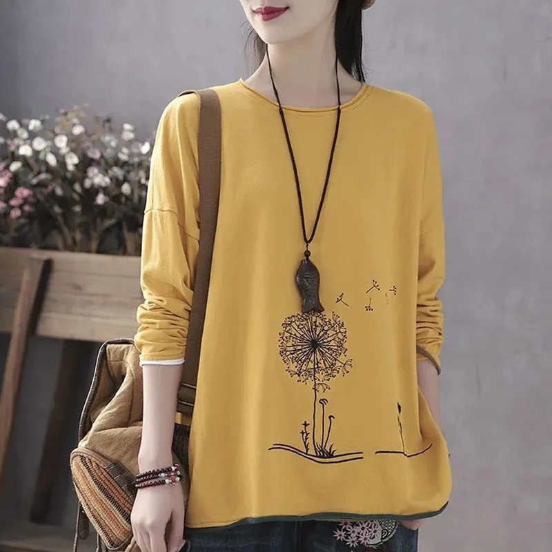 Fashion O-Neck Printed Spliced Loose Korean T-Shirt Female Clothing 2023 Autumn New Oversized Casual Pullovers Commute Tee Shirt