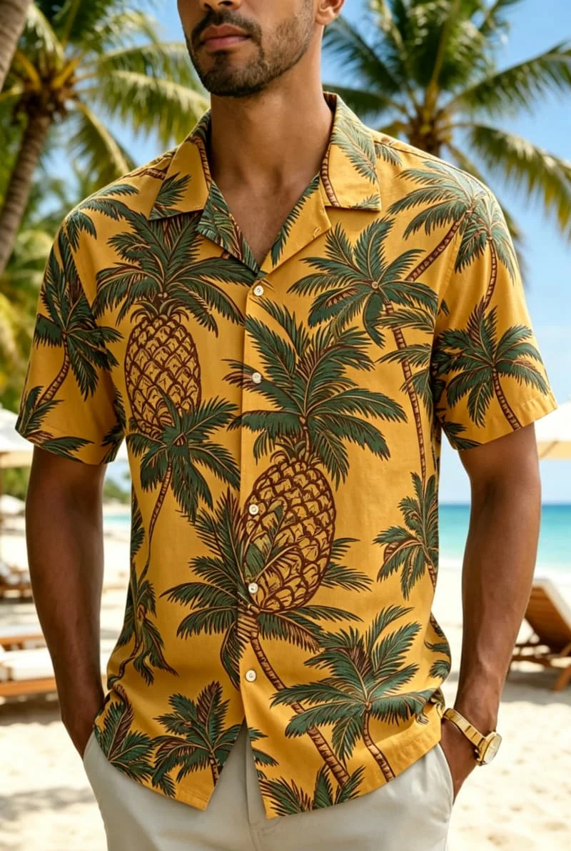 Men's tropical energetic vacation casual shirt, for party events, nightclub celebrations, street wear, and weekend trave