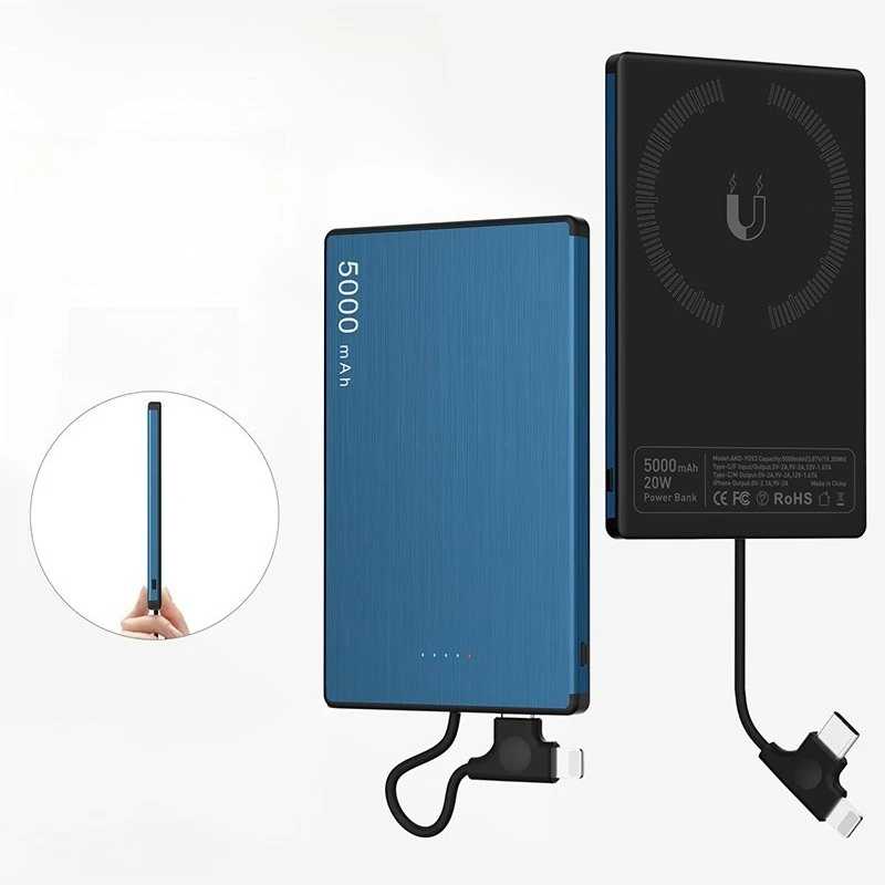 5000mAh Ultra-thin Magnetic Wired Power Bank with Built-in Cable, 0.6xCM 2-in-1 PD Fast Charging Mobile Power for Mobile Phones