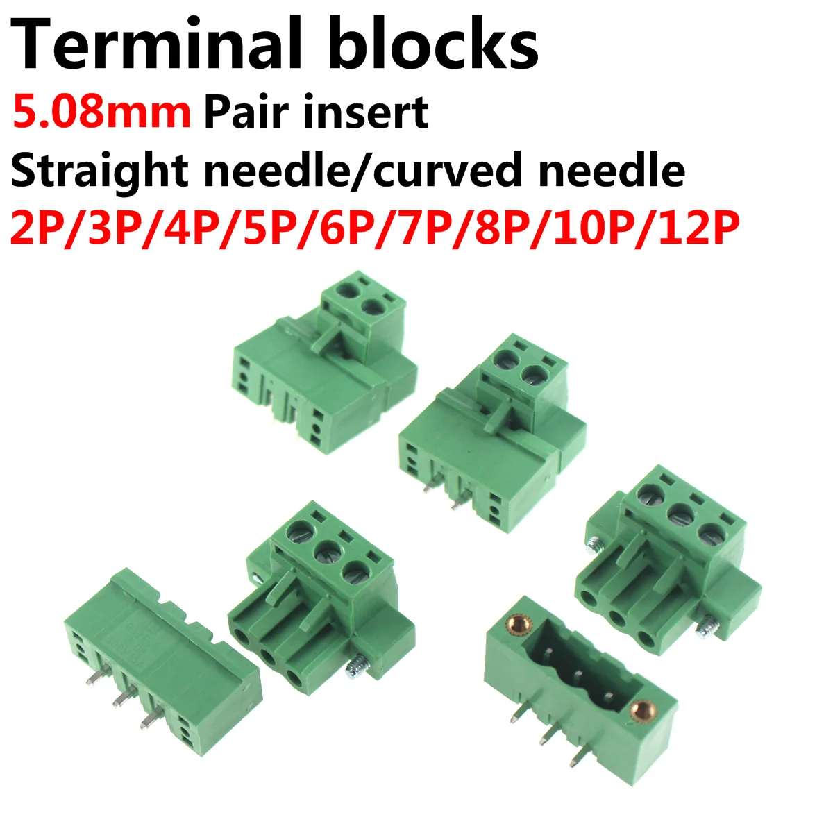 5 Juegos de bloque de terminales de 5,08mm con inserto de par de orejas sin soldadura enchufable 2P/3P/4P/5P/6P/8P/10P 5,08mm con brida panel fijo