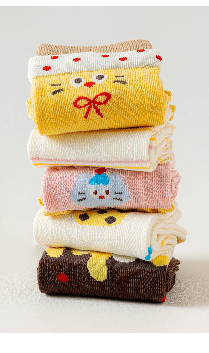5 Paar Kinder Sommer Dünne Socken Nahtlos Blasenfrei Niedlicher Cartoon-Katzen-Kuchen-Druck Atmungsaktive Mesh-Baumwollsocken Wadenlange Socken für Mädchen 1 – Detail 15