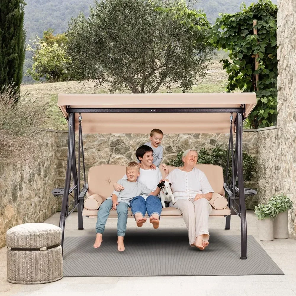 Patio Swing, Swing Bed, 3-Seat Outdoor Swing Set with Adjustable Canopy, Thickened Cushion & Foldable Side Tray, Outdoor Swing