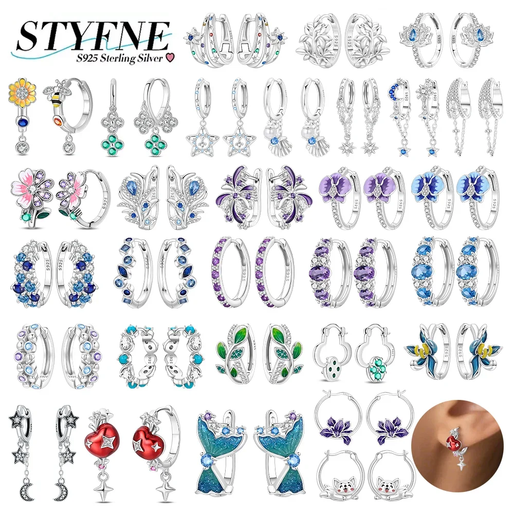 Damen-Ohrringe aus 925 Silber mit Blauem Zirkon, Irisgrünem Vierblättrigem Kleeblatt, Stern und Mond - Creolen für Partys, Geburtstage und als Schmuckgeschenke