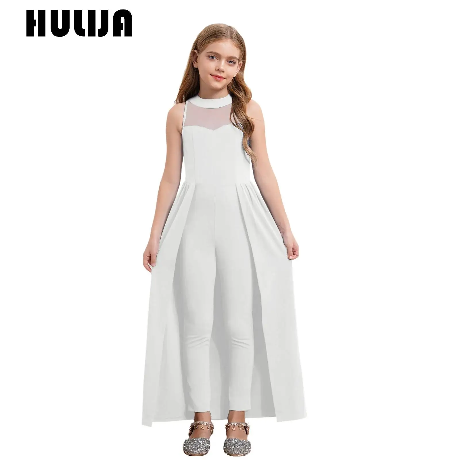 

Детский элегантный праздничный комбинезон для девочек, платье без рукавов с разрезом, комбинезон с юбкой, детский свадебный вечерний комбинезон, боди на день рождения