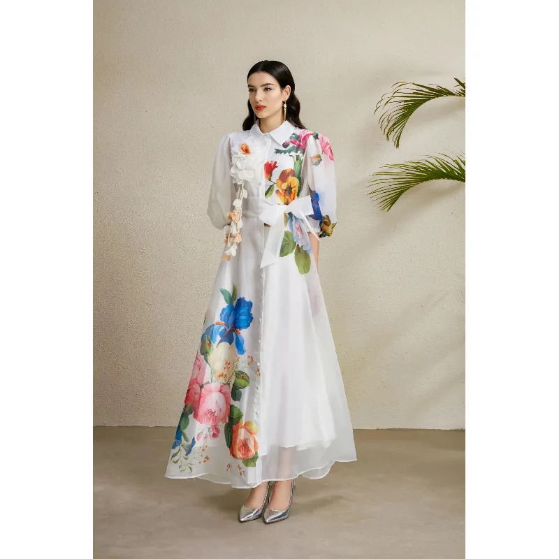 KAROLINA2025 Frühherbst 3D-Blumendruck Long Sve Bubble Sve Holiday Collar Dr Street Sle Mid High Waist Lammsamt