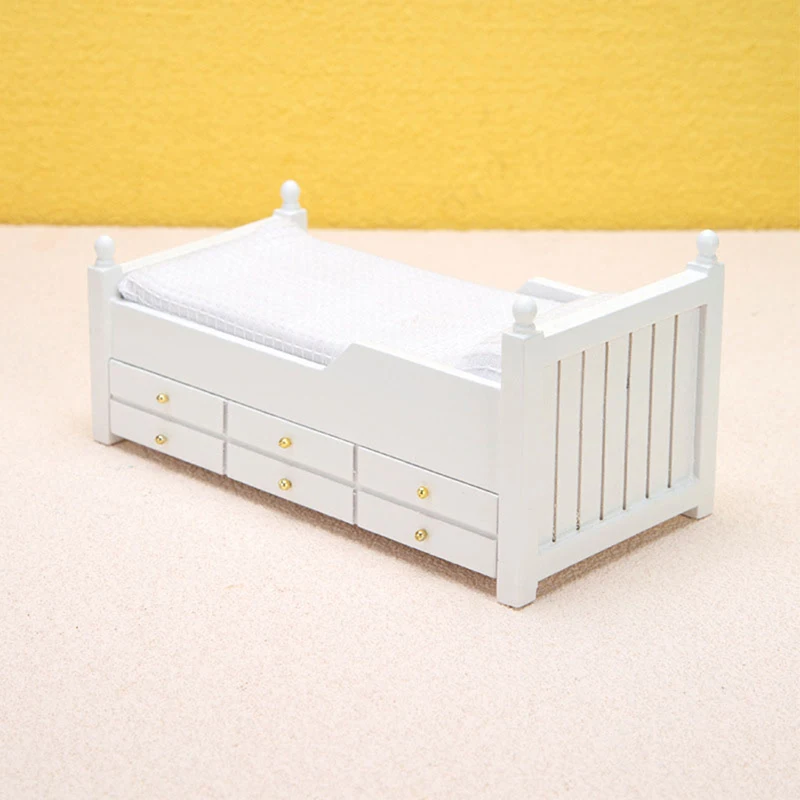 Lit Miniature pour maison de poupée 1:12, lit simple européen blanc avec tiroir, meubles de chambre à coucher, modèle de décoration, jouet, accessoires pour maison de poupée