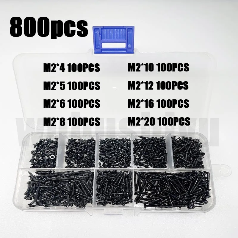 

M2 black Flat Head Cross Carbon Steel Self-Tapping Screw 800Pcs, Suitable For Home Improvement, DIY Engineering, Electronic Prod