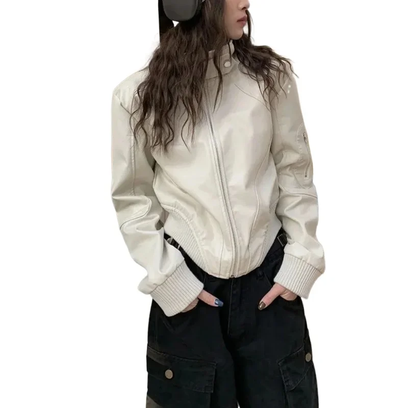 Chaquetas de cuero PU con cremallera y cuello levantado para Mujer, Chaquetas informales holgadas para Moto, Chaqueta de manga larga para Mujer, abrigos para otoño 2024