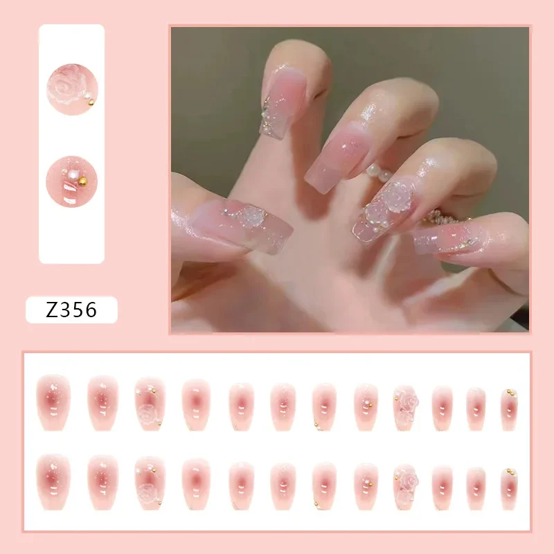 24pcs Korean Realistic False Nails Artificial Nail Art for Gluing 3d Flowers Pink Long Coffin Acrylic Press on Nails with Tools