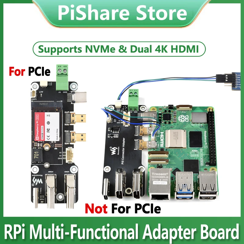 Raspberry Pi 5 PCIe To M.2 Multifunctional Adapte Board Supports Dual 4K HDMI Output Two Power Supply Methods ﻿