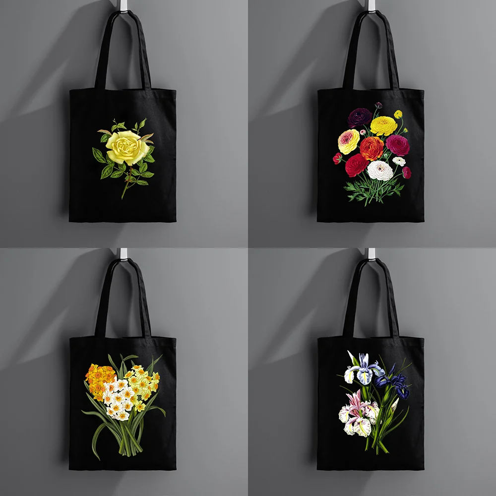 Flower Print Customized Eco Canva Shopping Bag Canvas Cloth Female Shoulder Bag Shopper Handbag Tote Student Book Bag For Laptop