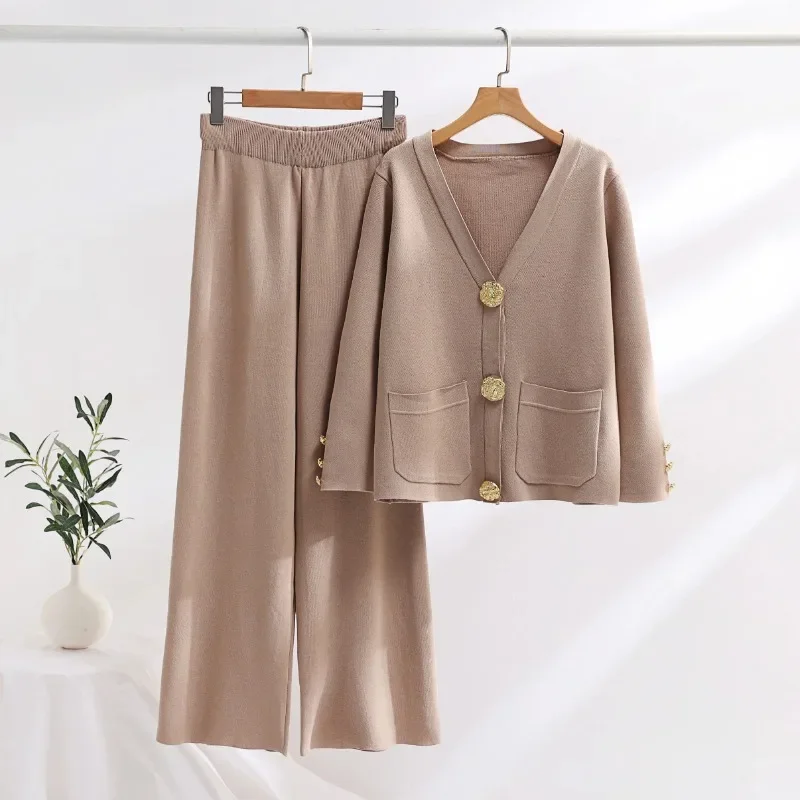 New Korean Fashion Knitted Pant Sets Women V Neck Golden Buttons Pocket Cardigan Sweater + Wide Leg Pants Suits Tracksuit