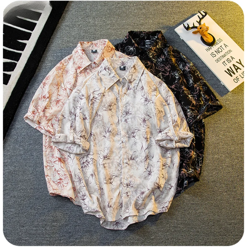 

Summer Retro Printed Shirt Five-quarter Pants Suit Men's Loose Casual High Street Personality Simple T-shirt Shorts Male Clothes