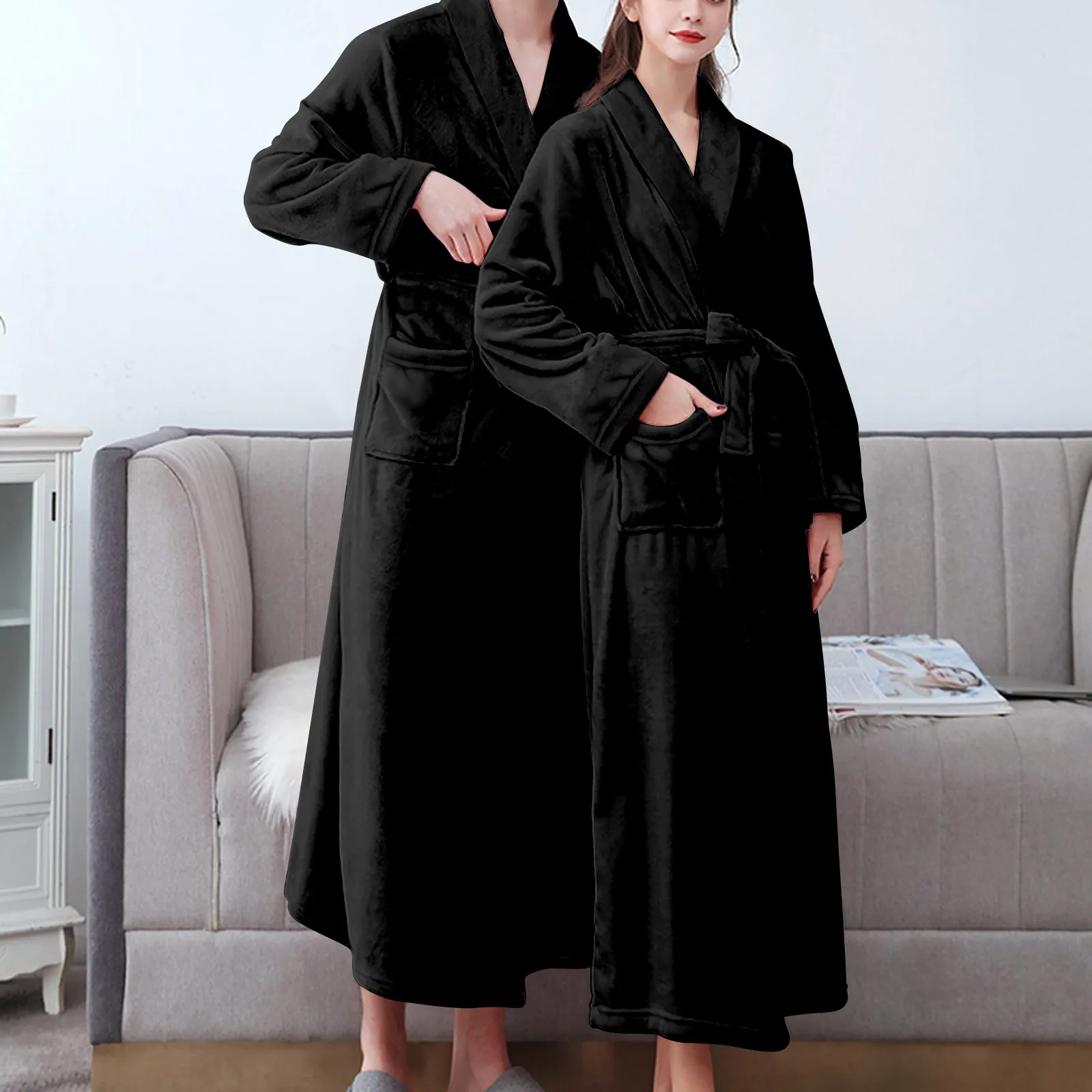 Cozy Bathrobe Luxurious Men\'s Hooded Bathrobe with Adjustable Belt Ultra Soft Absorbent Male Robe with Pockets Plush Solid Color