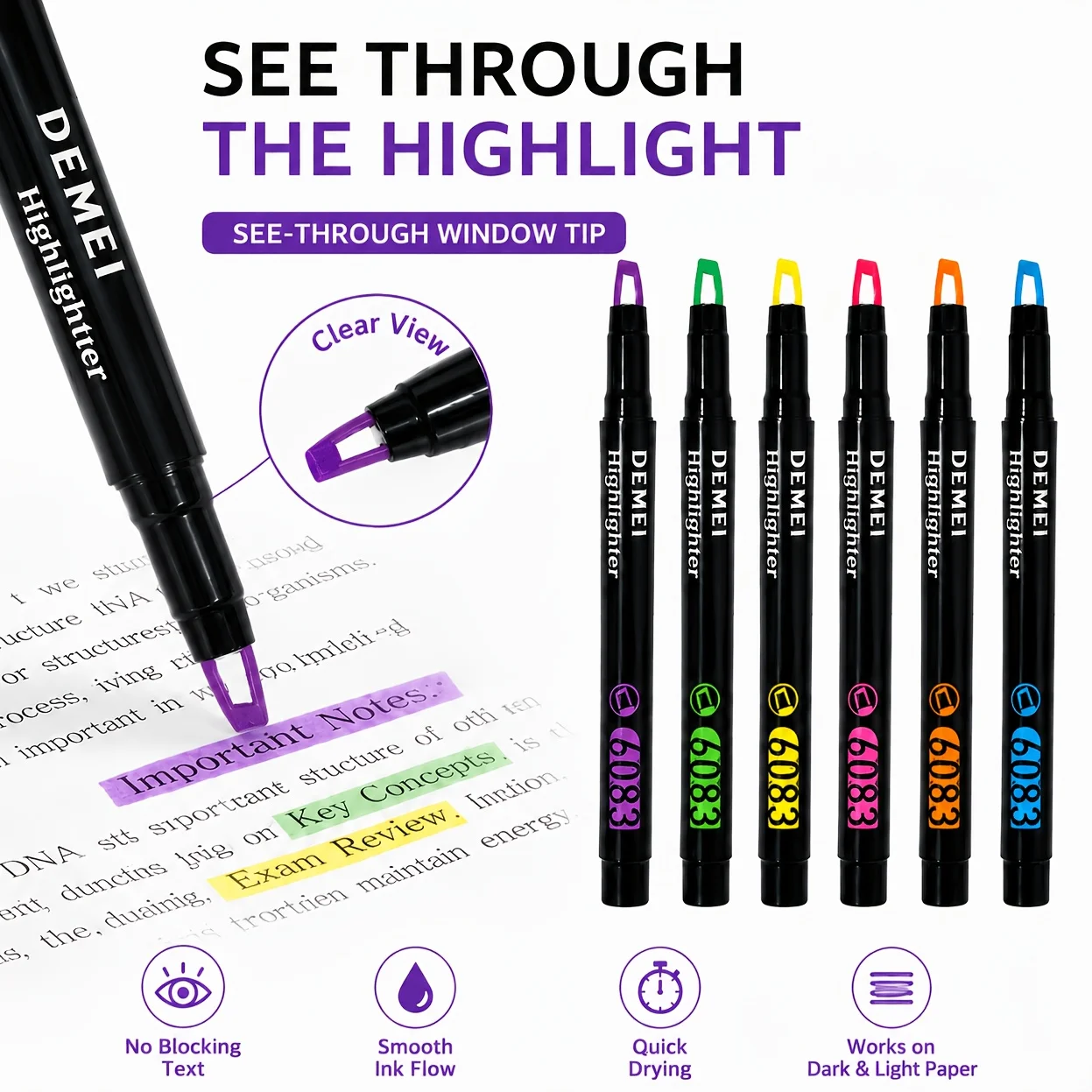 6pcs transparent highlighter window pen tip with soft grip - anti bleeding ink quick drying marker pen, suitable for learning