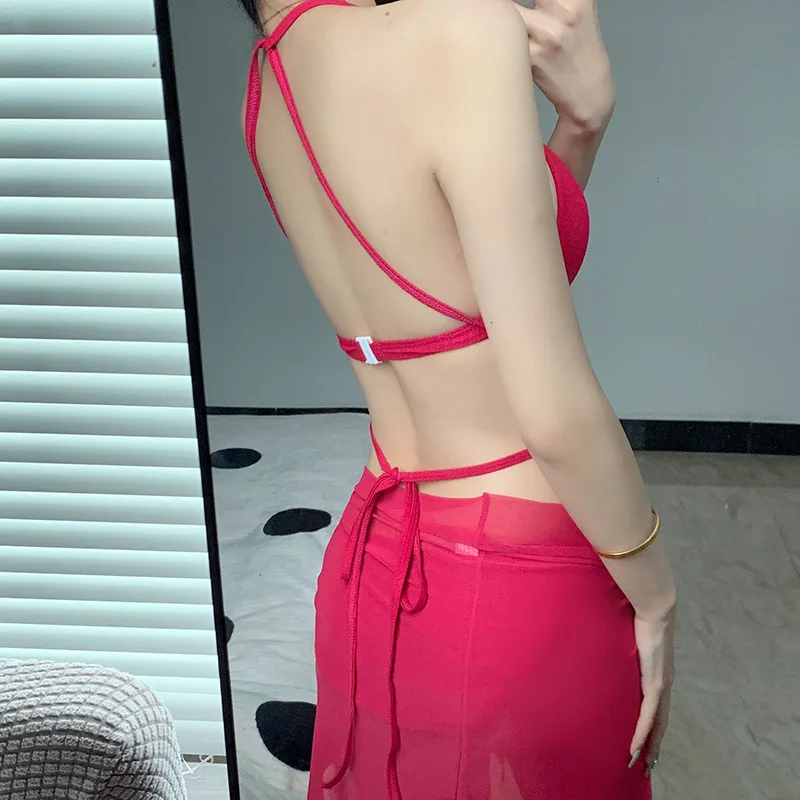 Roupa de banho feminina 2024 moda feminina biquíni cor sólida banho sem costas sexy tankini três peças maiô primavera quente