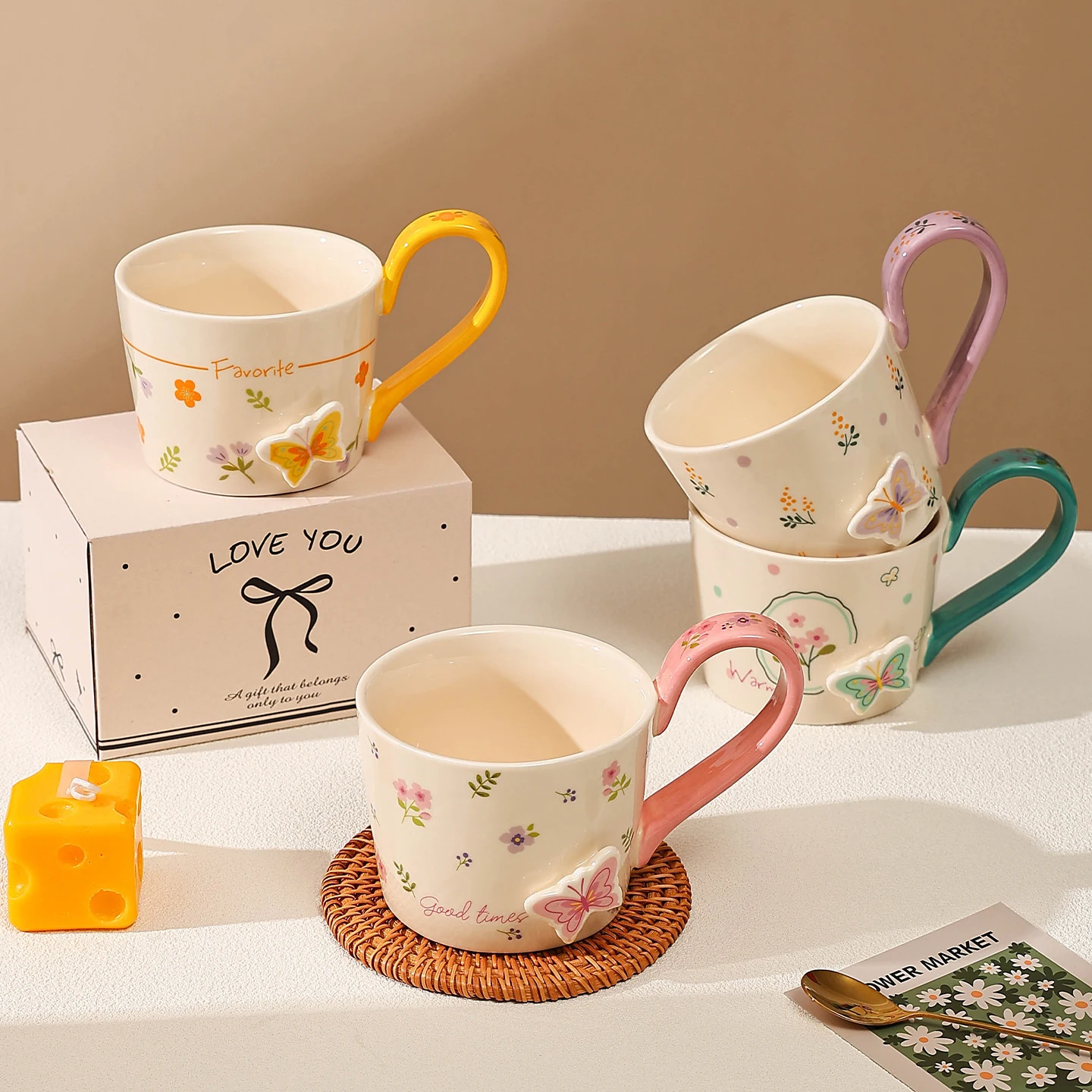 3D Butterfly Relief Drinking Mug Ins Household Underglaze Color Ceramic Drinkware Korean Style Floral Circular Office Coffee Cup