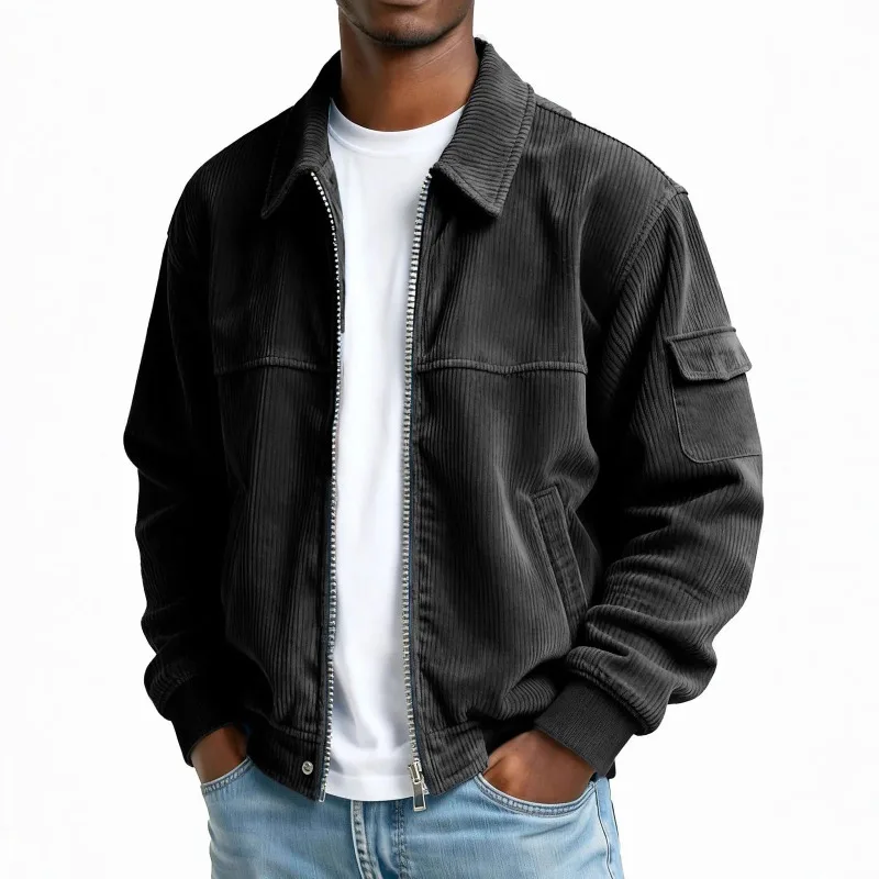 Men Corduroy Turn Collar Zipper Jacket Solid Color Multi Pocket, Vintage Long Sleeve Casual Outerwear Fall and Winter Men Jacket