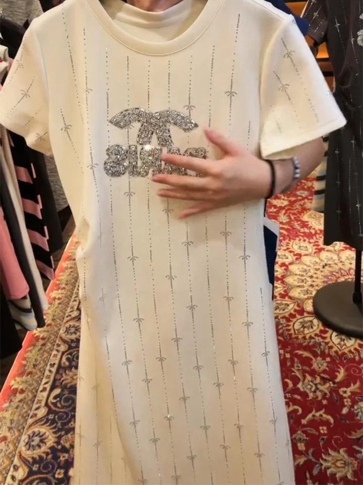 

Rhinestone Short sleeved dress for women's summer 2025 new design niche heavy industry unique T-shirt dress Tees