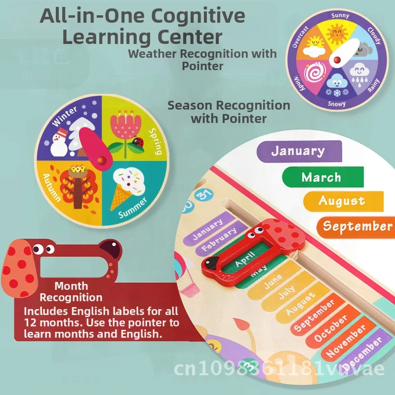 Orologio da calendario multifunzionale in legno educativo per bambini Giocattolo Montessori per la cognizione del tempo Apprendimento dell'asilo e