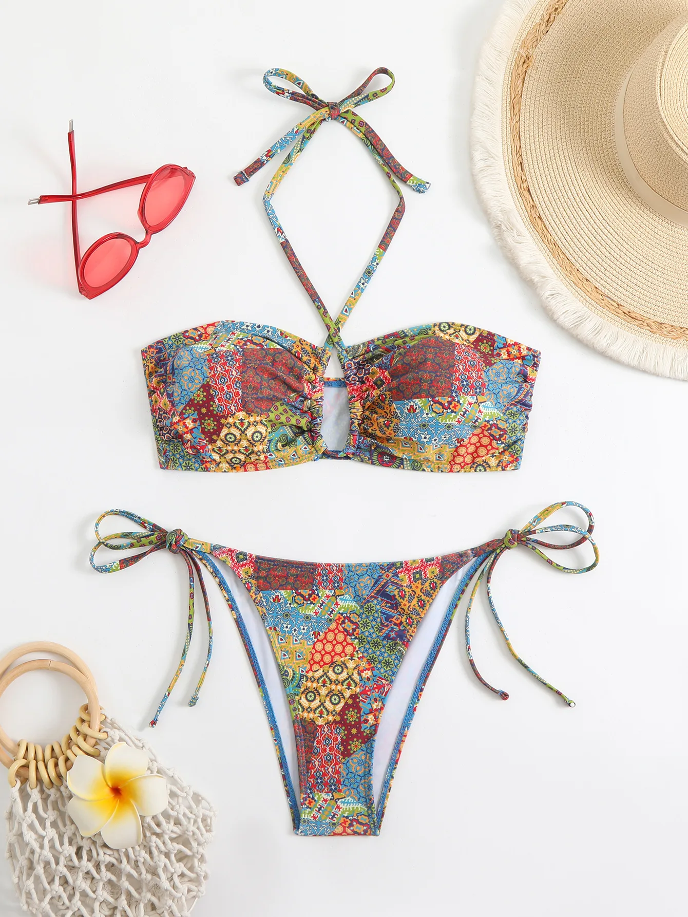 

Сексуальные винтажные бикини с принтом, комплекты из двух частей, купальники с завязками на шее, пляжная одежда, комплект бикини, танкини.