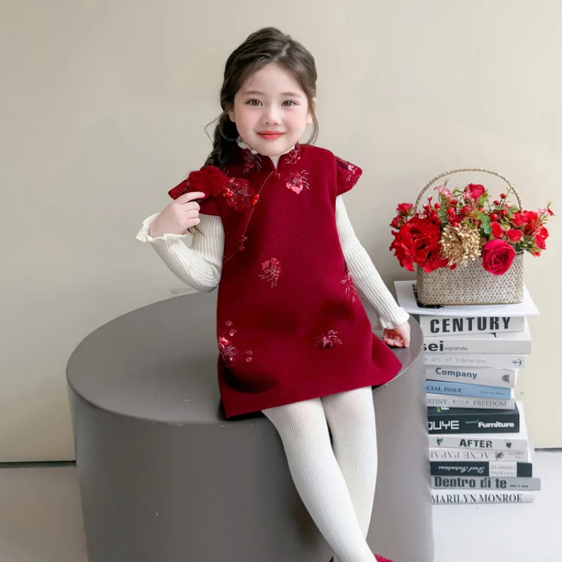 

Girls' New Chinese Style Hanfu Dress Winter2025Girls' Button Vest Dress Sequin Cheongsam Dress New Year Dress