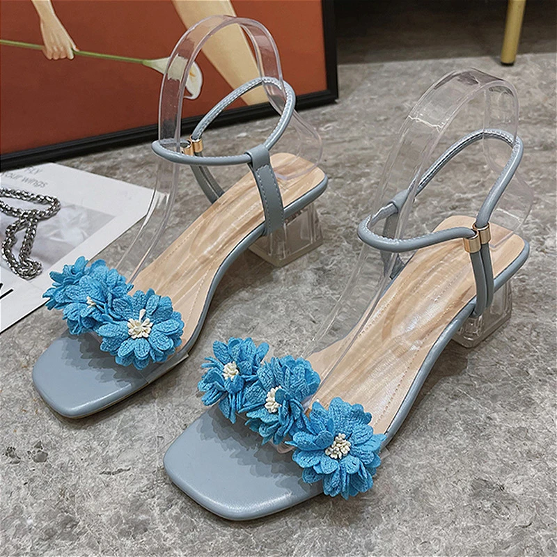 Blue Flower Women High Heels Sandals Bohemian Dress Beach Shoes 2025 Summer New Chunky Slippers Sexy Open Toe Shoes Pumps Mujer