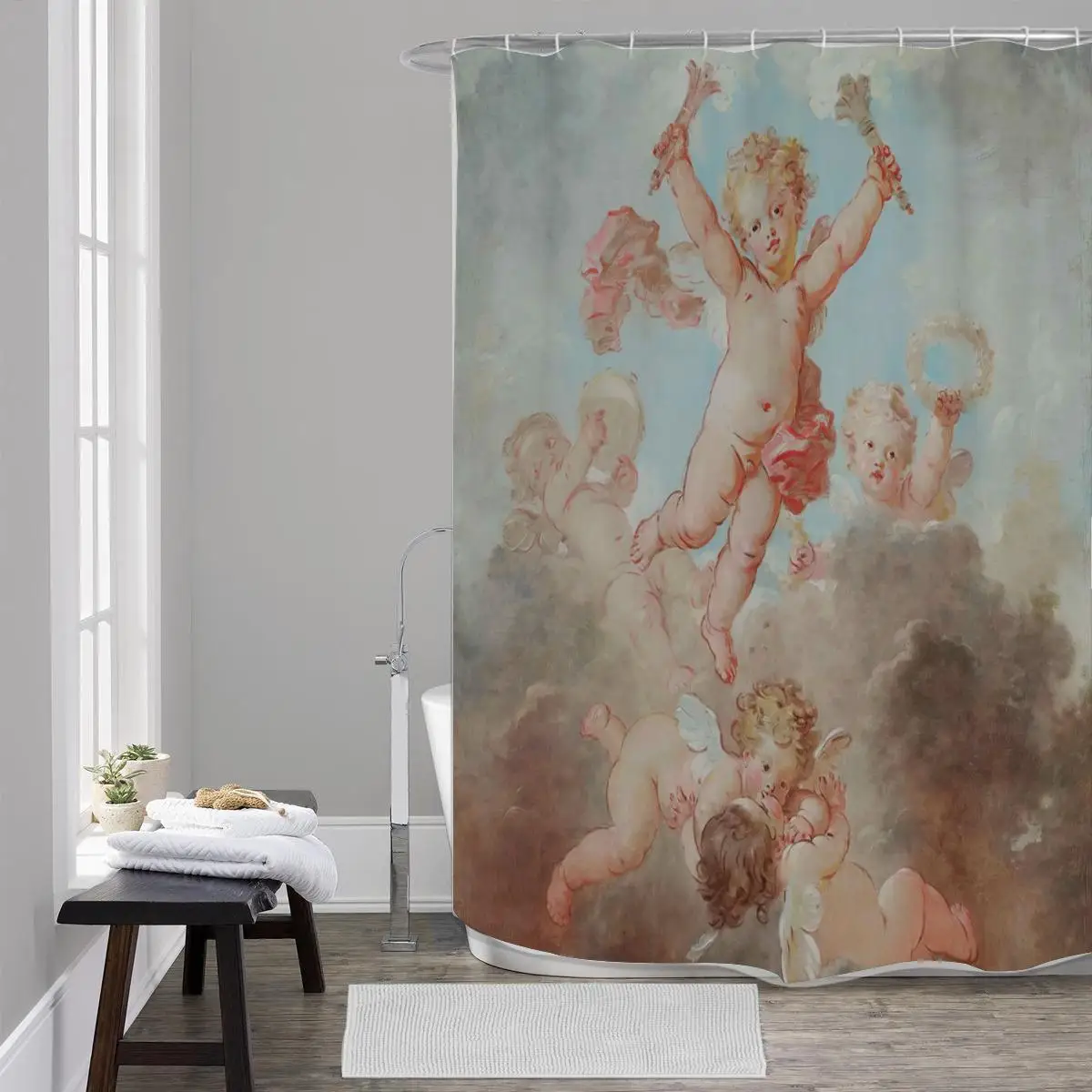 Vintage Cherubs Nursery Shower Curtain Bathroom Decor Cute Baby Angel Art Shower Curtain for Kids Room