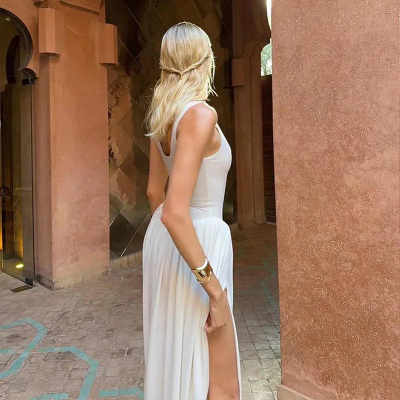 JINIA Ruched Sexy Split Backless Draped Maxi Dress Birthday Club Outfits Elegant Sleeveless Summer U Neck Dresses Robes