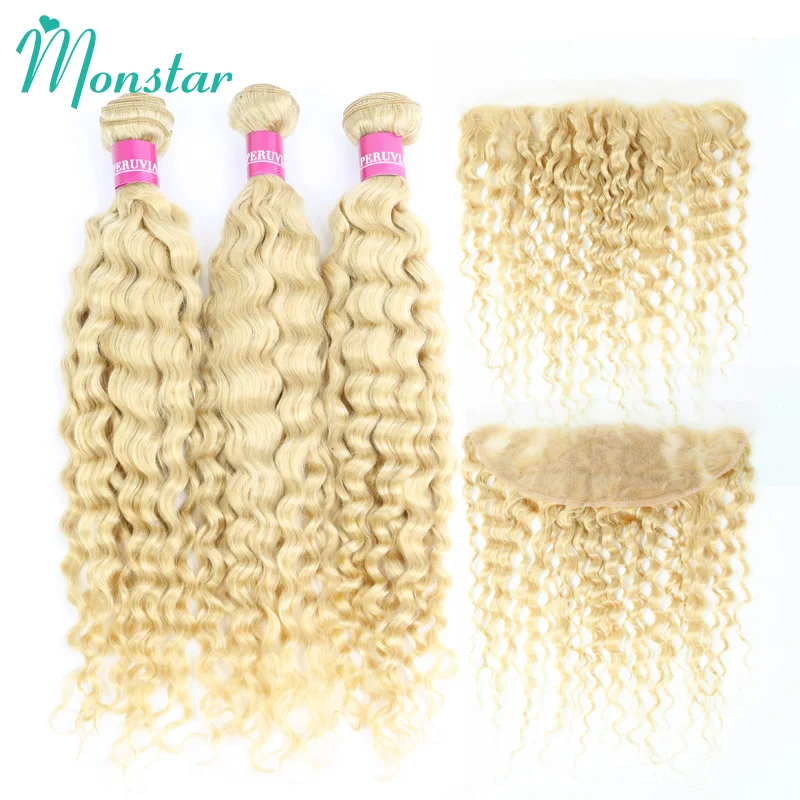 Mèches Deep Wave Brésiliennes Naturelles avec Closure, Cheveux Bouclés, Blond 613, 4x4, 13x4, 613