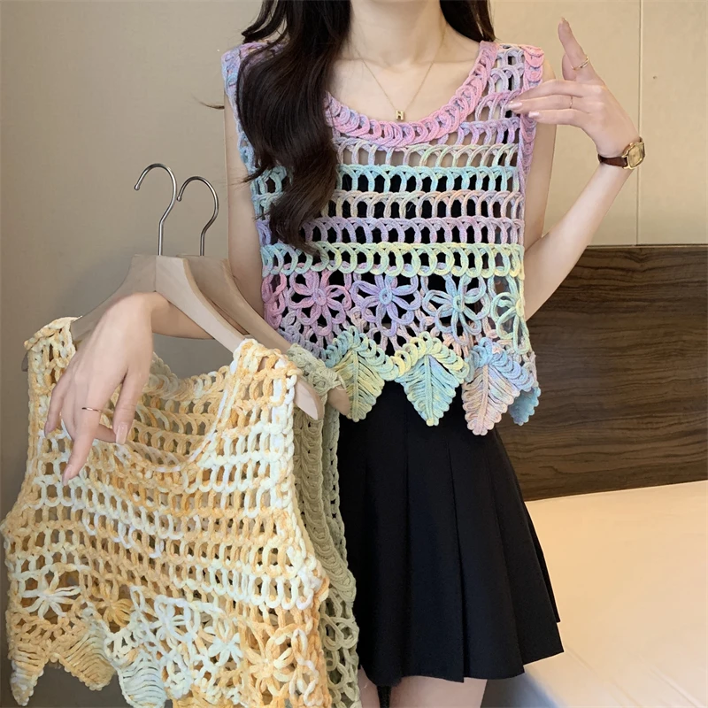 

Color adient Knitted Hollow Hook Flower Women's Tank Top Loose ort Svel Summer Casual Cotton Blend Vest