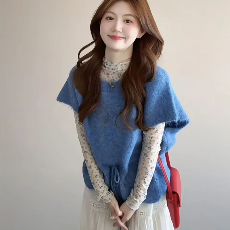 Women Fuzzy Knit Vest Drawstring Hem Sweater Oversized Cap Sleeve Top Cozy Layering Piece