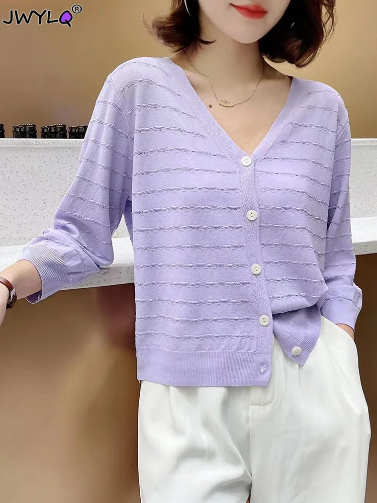 

Summer Ice Silk Loose V-neck Sweater Women Casual Elegant Knit Tops Korean Long Sleeve Pulls Knitwear Classic Bottomed Cardigan