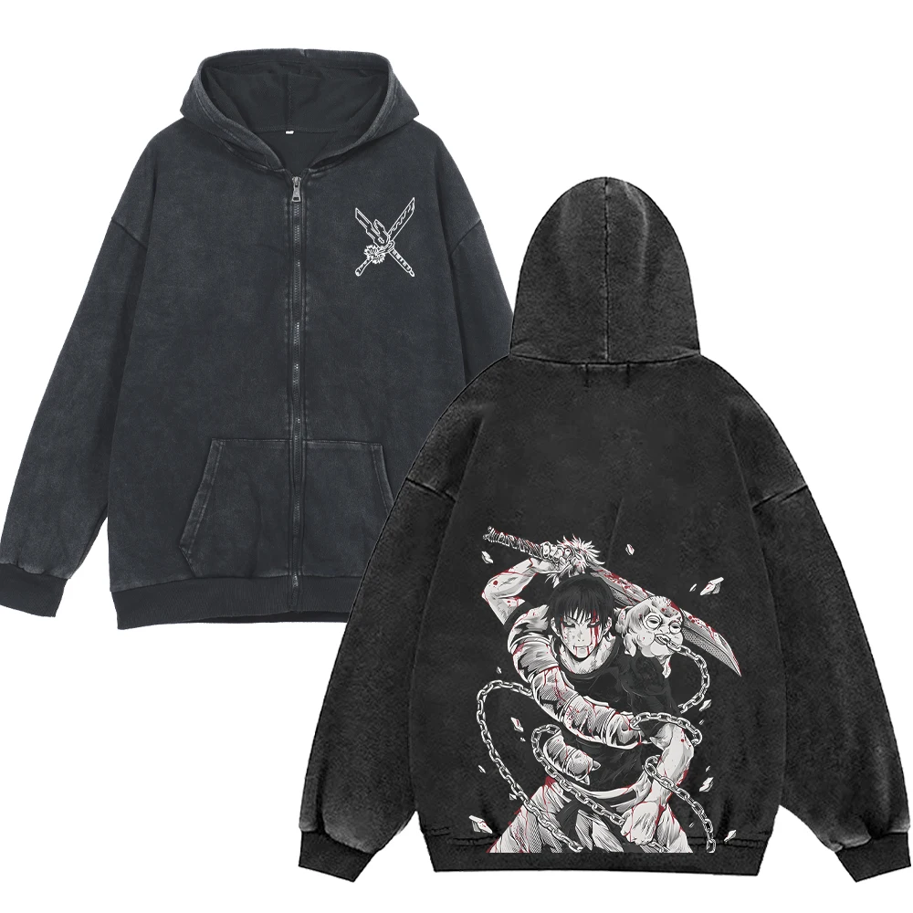 Jujutsu Kaisen Anime Zip Up Hoodies for Men Women 100%Cotton Toji Print Gothic Harajuku Zipper Sweatshirts Casual Manga Pullover