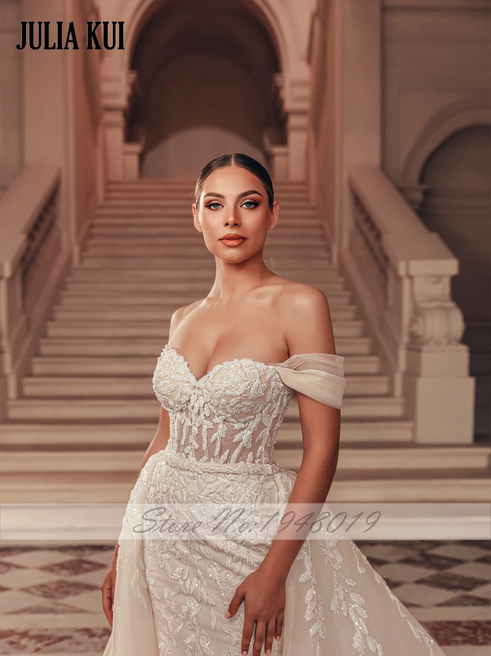 Vestidos de novia elegantes de tul brillante con hombros descubiertos, escote en forma de corazón, sirena, apliques bordados con cuentas, encaje, vestido de novia 2 en 1