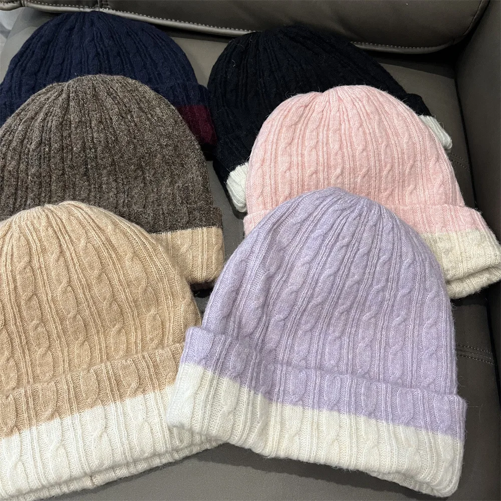2025 Autumn And Winter New Model Simple Two-Color Spliced Knitted Hat For Women Warm Ear Protection Cap