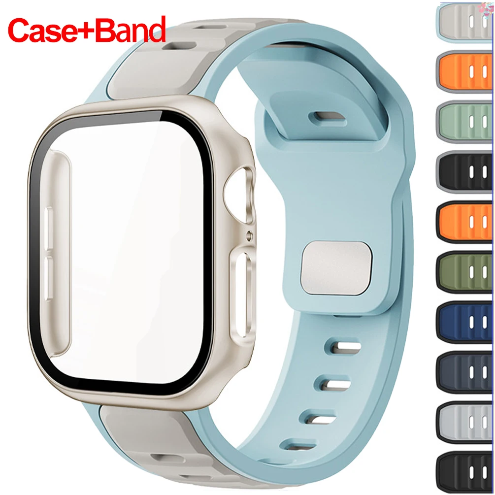 Silikon-Sportarmband + PC-Schutzhülle für Apple Watch Series 11 10 9 8 7 6 5 4 SE 3, weich, für iWatch 46mm 42mm 45mm 44mm 41mm 40mm 38mm