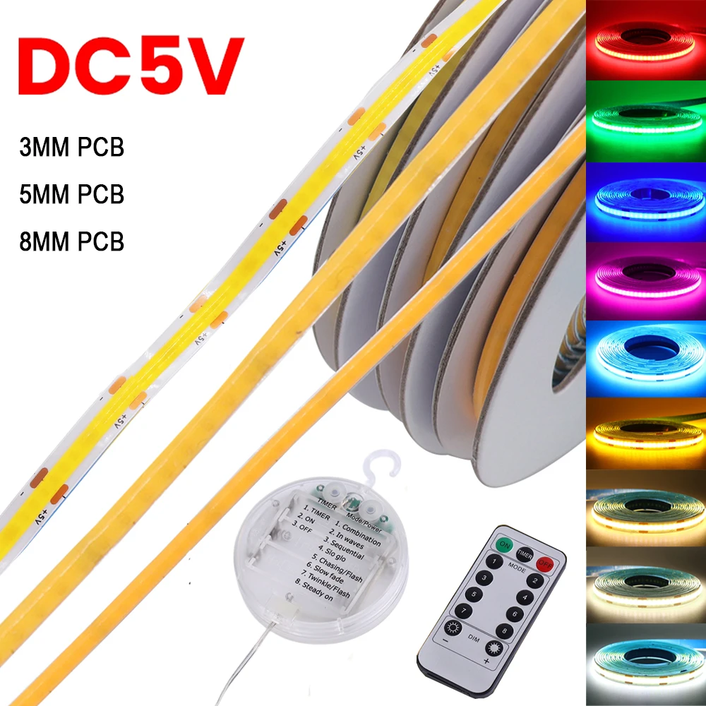 5V COB LED-Streifenleuchte 3mm 5mm 8mm PCB 3AA Batteriebetrieben Selbstklebend Blau Warmweiß 320LEDs Küche Schlafzimmer Flex-Lampe Dekoration