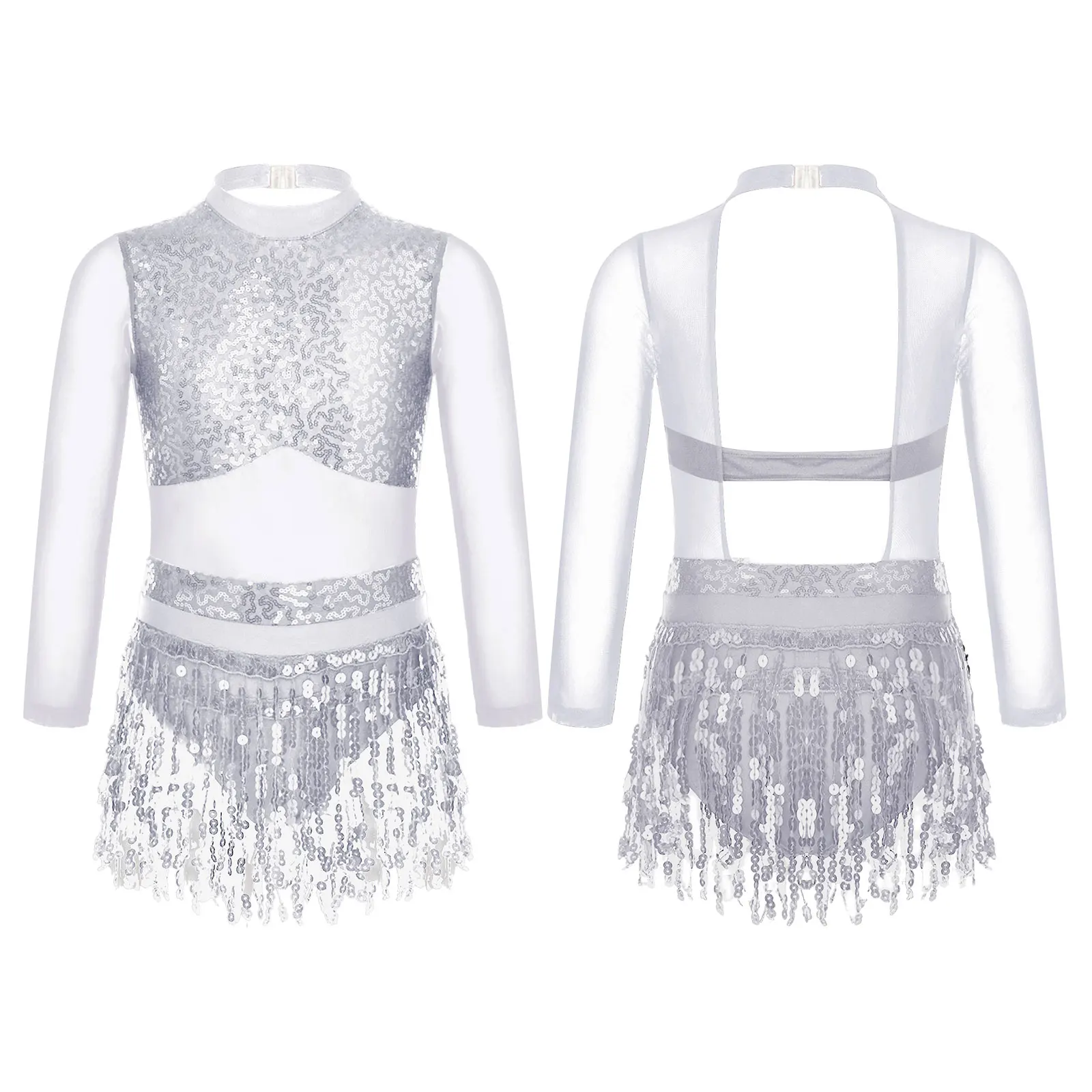 

Kids Girls Sequins Tassel Latin Dance Performance Costume Ballet Leotard Dress Jazz Samba Rumba Dancewear Tanog Dancing Costume