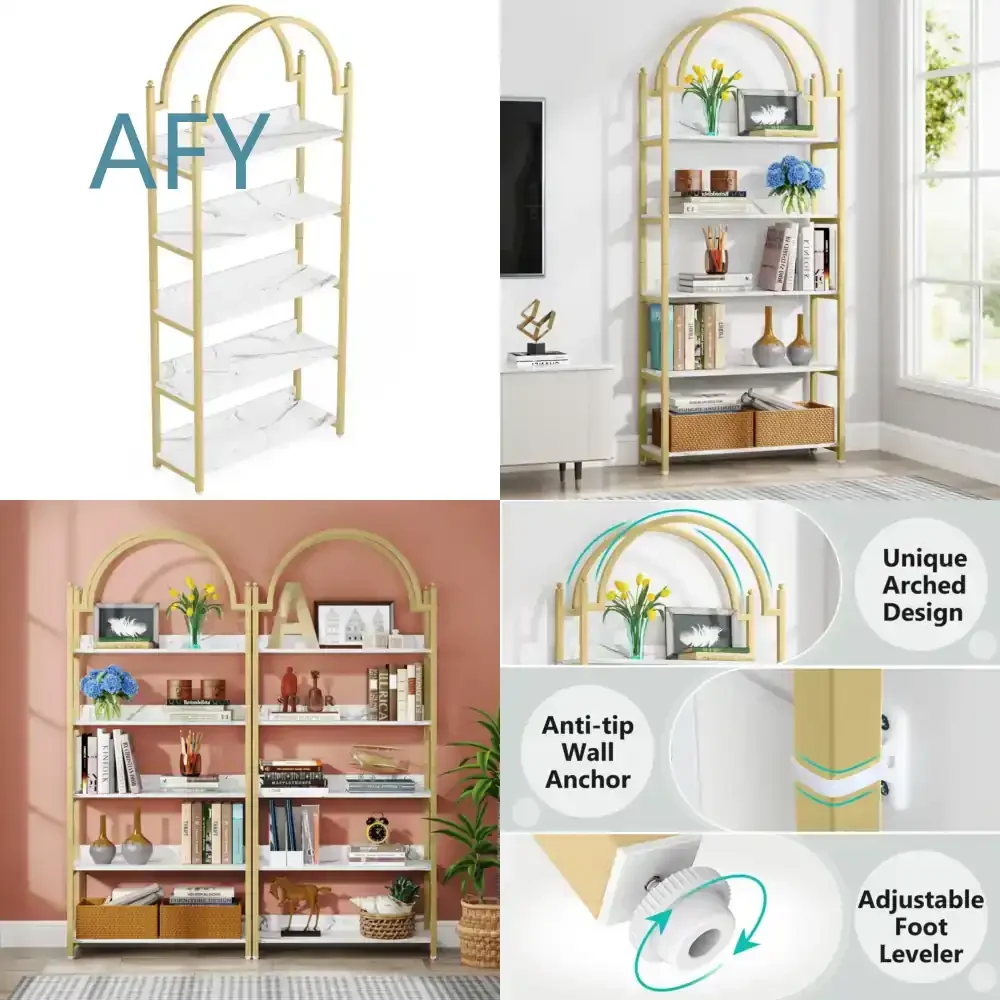 High Quality 5 Shelf Gold Etagere Bookcase for Home Office Living Room Bedroom Study Room Decor Modern Metal Open Arched
