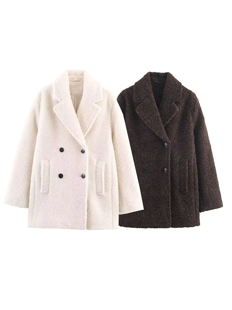 

HH Woman Winter Long Sleeves Lapel Double Breasted Pearl Velvet Pocket Decoration Overcoat Female Casual Loose Street Style Coat